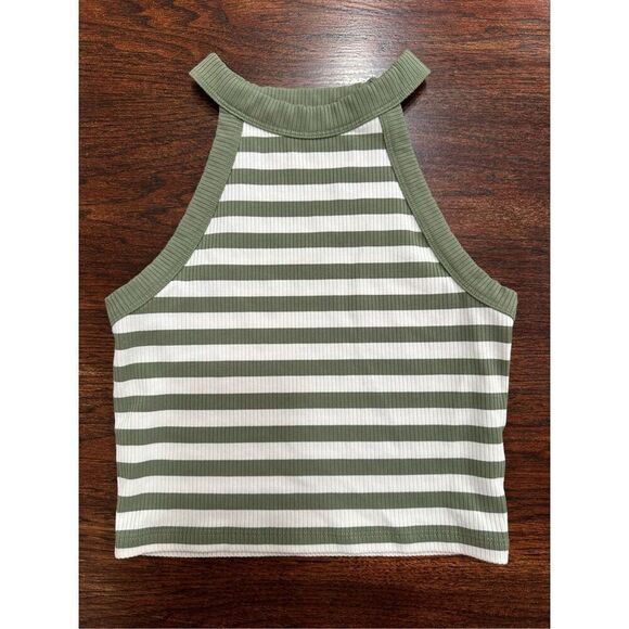 American Eagle Green and White High Neck Ribbed Cropped Tank Size Small - Picture 1 of 4